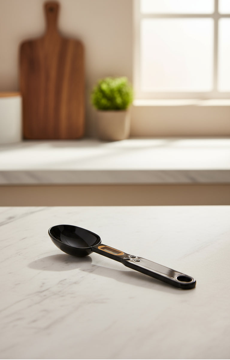 Black digital measuring spoon on a white background