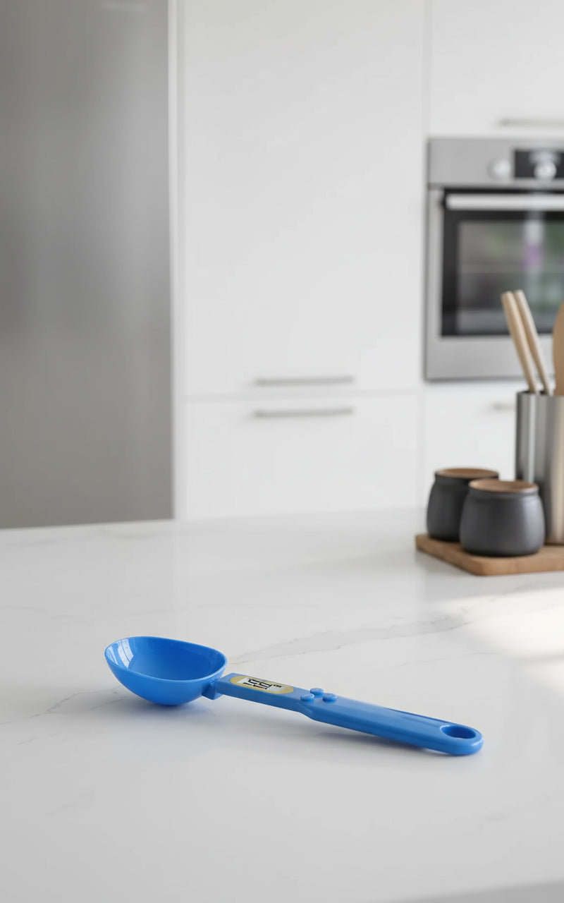 Blue digital measuring spoon on a white background